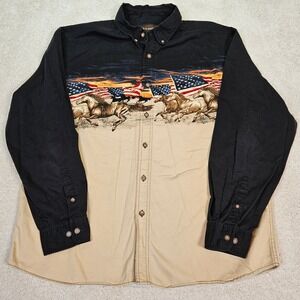 Bit & Bridle Men Large Button Down Shirt American Flag Horses Long Sleeve Cotton